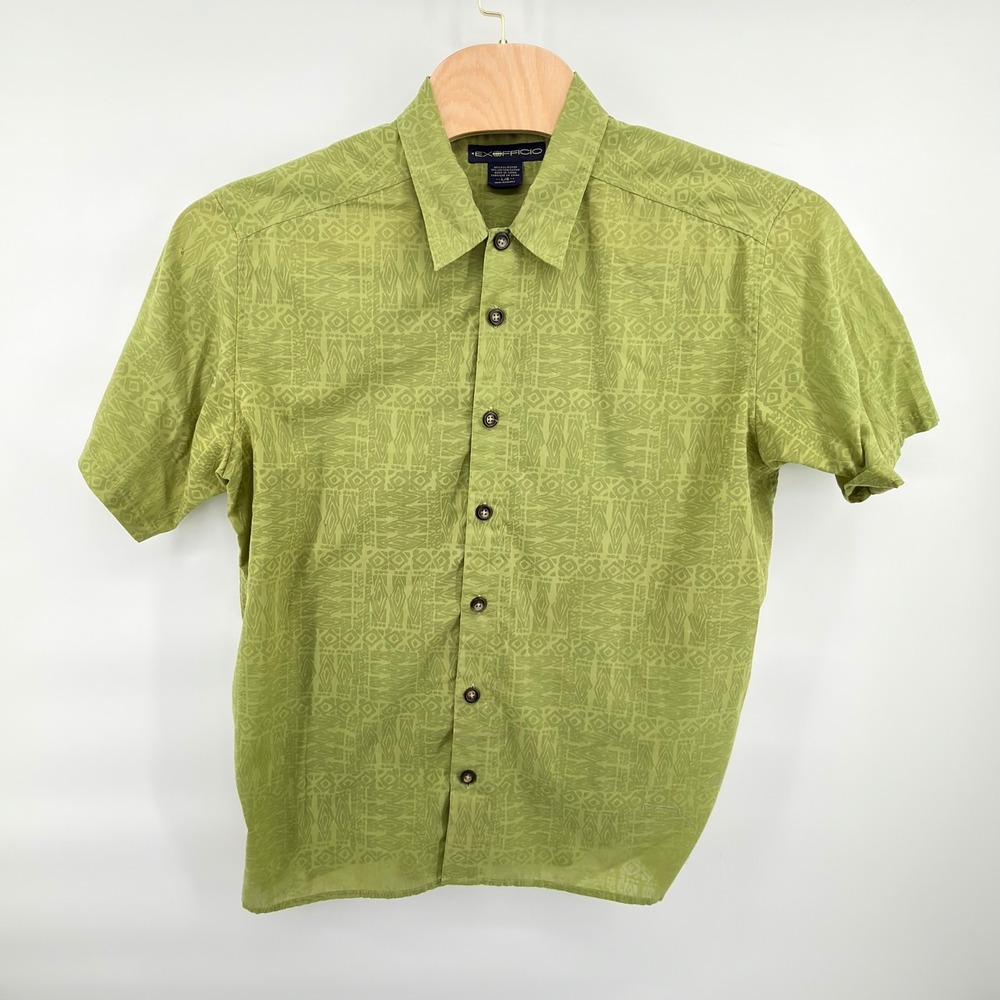 ExOfficio‎ Button Down Shirt Mens Large Green Geometric Short Sleeve Travel
